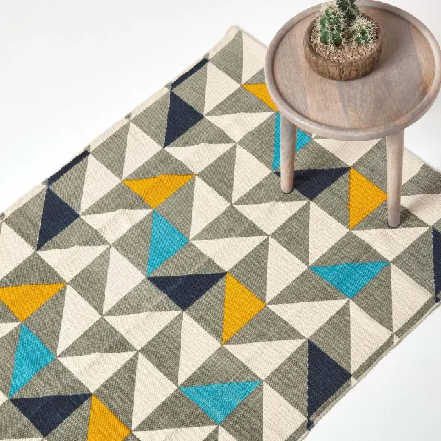 Homescapes katoenen vloerkleed Copenhagen in Scandi-look met geometrisch patroon in blauw, geel en grijs, 90 x 150 cm Wit, Grijs, Zwart, Blauw, Geel