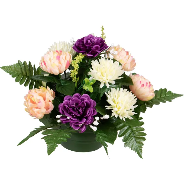 Louis Maes Kunstbloemen boeket crysanten in pot - kleurenmix - D30 x H24 cm - Bloemstuk - Bladgroen Paars