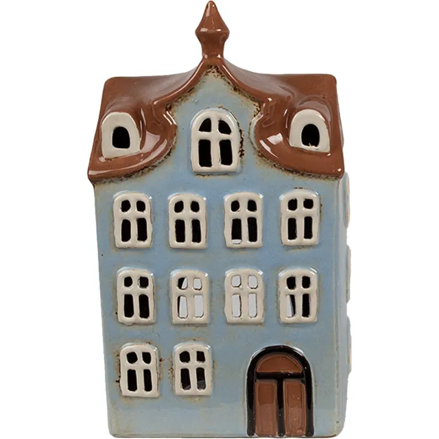Clayre & Eef Waxinelichthouder Huis 13x9x22 cm Blauw Bruin Keramiek