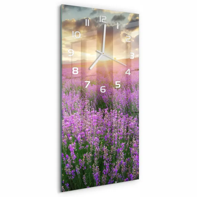TULUP Wandklok - Lavendelveld Glazen Wandklok Design - 30x60 cm - Paars Klok Glas Met Opdruk - Witte handen - Rechthoekige Klok - Wandklok Glas Met Motief - Decoratieve Glazen Klok