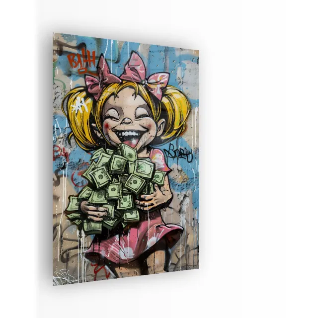 Indoorart Glasschilderij Streetart Happy Money 60x90 CM - Afbeelding op plexiglas - Inclusief montagemateriaal blauw, wit, grijs, groen, roze, geel