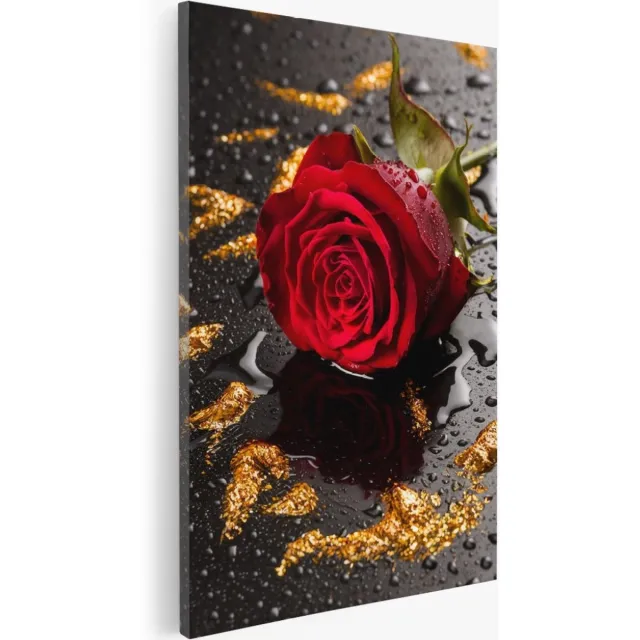 Saammp Canvas Schilderij - Rode Roos met goud - Bloemen - Abstract - 50x70 - Foto op canvas - Wanddecoratie - Muurdecoratie Woonkamer - Kantoor Decoratie Multicolor