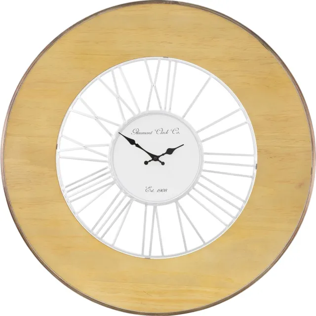 womo-design XXL Grote Wandklok Alfheim rond Ø 85 cm Wit-Natuur, gemaakt van hout-metaal, vintage stijl, retro decoratie, Romeinse cijfers, stil, geruisloos uurwerk, klok voor woonkamer keuken