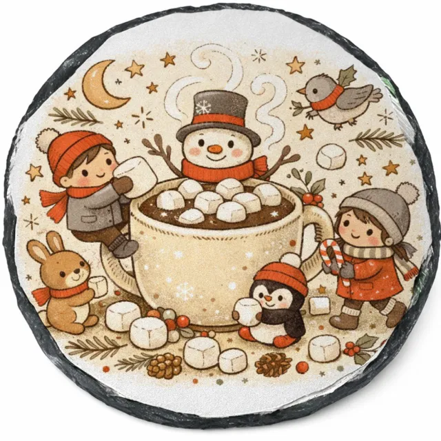 Mr Cadeautjes Leisteen rond Ø 14 - design Een knusse winterkeuken-scène met bewegende figuren rond een | cadeau Wit