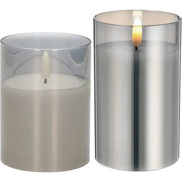 Cepewa Set van 2x luxe led kaarsen in grijs glas 10 en 12.5 cm met timer op batterijen