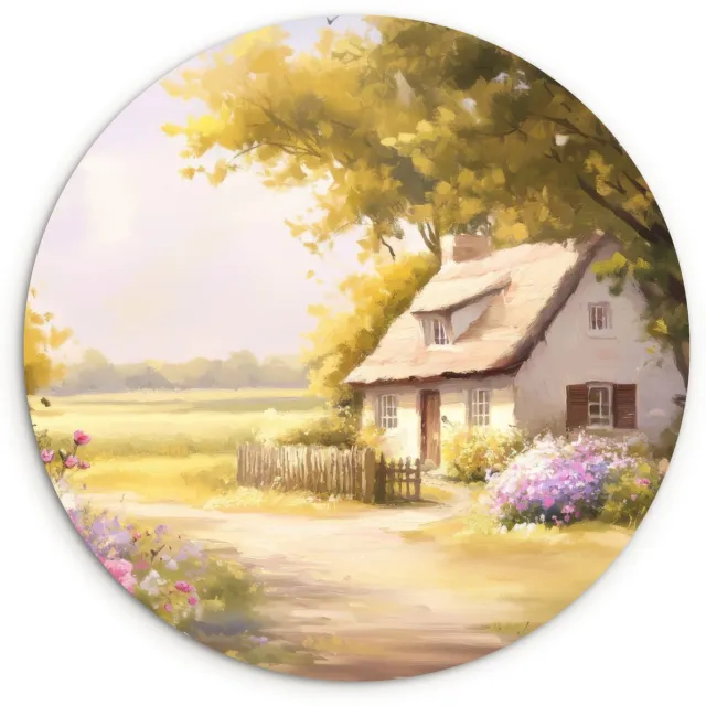 WallCircle Wandcirkel 150x150 cm - Muurcirkel Huisje - Hout - Bloemen - Muurdecoratie woonkamer - Wanddecoratie slaapkamer - Kamer decoratie accessoires - Ronde schilderijen Landschap - Huisje