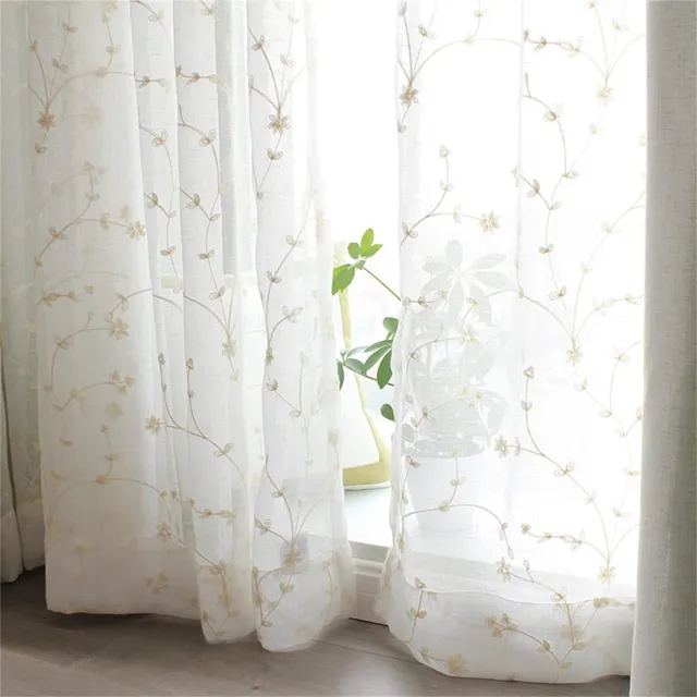 Freyamy Boho bloemengordijnen, boerderij, voile, landhuisstijl met stangdoorgang, wit, outdoor gordijnen, decoratieve sjaals, half-transparante gordijnen, 2 stuks, woonkamer, vintage stores, gordijn