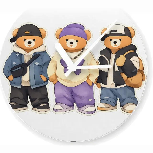 Mr Cadeautjes Glazen klok Ø 20 - design Een trio van konijnen als hippe stadsfiguren met jassen, pet | cadeau Wit