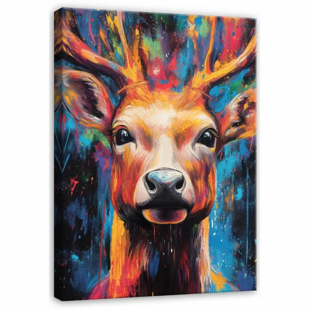 WALLARENA Canvas schilderij - 60x40 cm - Abstracte afbeelding van een kleurrijke hert voor slaapkamer, salon en keuken multikleurig