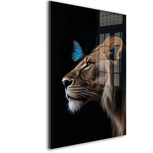 De Online Drukwinkel Glasschilderij Majestueuze stille ontmoeting - 120 x 80 cm - Leeuw - Dierenhoofden - Acrylaat - Inclusief wandbevestiging - Foto op plexiglas - Wanddecoratie woonkamer – Modern – Portret Goudbruin