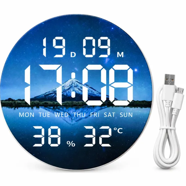 SWGOTA Ronde digitale LED-wandklok, diameter 24 cm, blauw berglandschap, tijd, datum, weekdag, temperatuur- en luchtvochtigheidsweergave