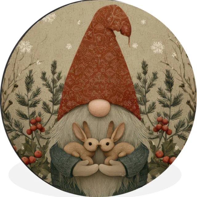 WallCircle Wandcirkel - Muurcirkel - Kerstgnome - Konijntjes - Kleurrijk - Aluminium - Dibond - 140x140 cm - Binnen en Buiten