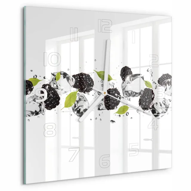 TULUP Wandklok - Zoete kersen en water Decoratieve Glazen Klok - 30x30 cm - Zwart Glazen Wandklok Design - Witte handen - Vierkante Klok - Glazen Klok Met Print - Wandklok Glas Met Motief