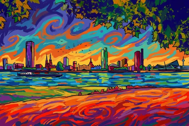Atelier Iconique Skyline Tilburg Fauvist Color Painting Skylines - Print op Canvas 90x60 cm - Atelier Iconique gedurfde, levendige en contrastrijke fauvistische kleuren