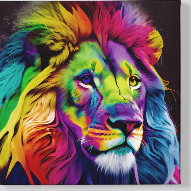 Trendex Global Canvas Schilderij - Dieren - Kleurrijke Leeuw - Wanddecoratie - 60x60x2 cm