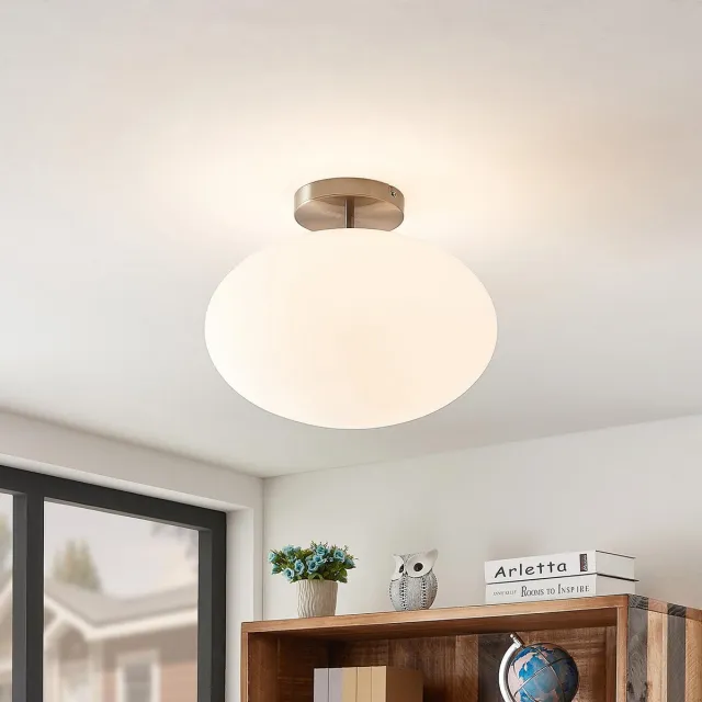 Lindby plafondlamp - 1licht - Ijzer, glas - H: 33 cm - E27 - satijn nikkel, opaal wit
