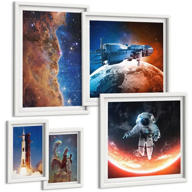 TULUP 4-Delige Schilderij Set - Ruimtevaart, verkenning van het universum en sterrenstelsels - 50 x 50 cm, 20 x 30 cm en 40 x 60 cm - Wanddecoratie - Woonkamer Decoratie Witte lijst