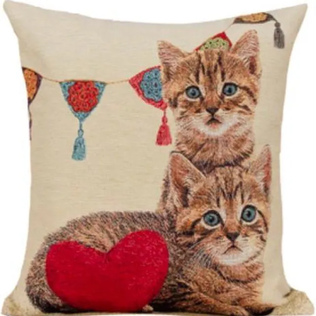 Emme Kussenhoes - gobelinstof - Kittens - Kat - Katten met Slinger en Hart - 45 cm Creme