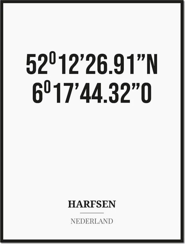 Studio216 Poster/kaart HARFSEN met coördinaten zwart, wit
