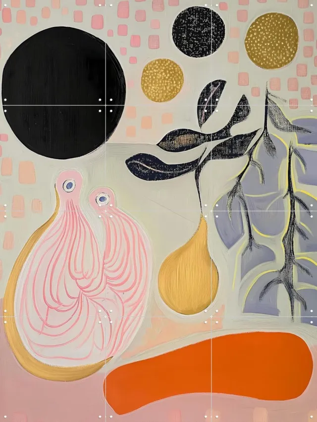 IXXI Pulpy Paradox, Artclaud - 60 x 80 cm - Grote wanddecoratie en posters - Kleurrijk, Illustraties, Grafisch Ontwerp, Abstract, Woonkamer Roze / Oranje / Zwart