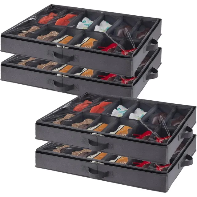 Famanu 4 Opbergdozen voor Schoenen Onder Het Bed, Opvouwbare Opbergdoos voor Schoenen, Schoenenorganizer, Schoenenopbergtas, Schoenenorganizer Bedbox voor Heren Damesschoenen, 4 X 12 Paar grijs