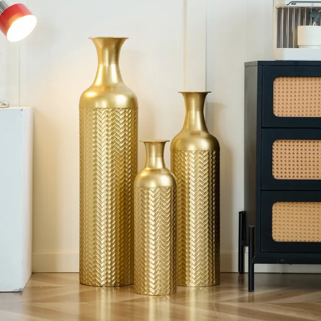 Clruro Vaas Set 3-delig - Grote Deko Vazen - Structuurpatroon - Plantenpotten voor Planten - Woonkamer & Gang - Metaal - Goud Gouden