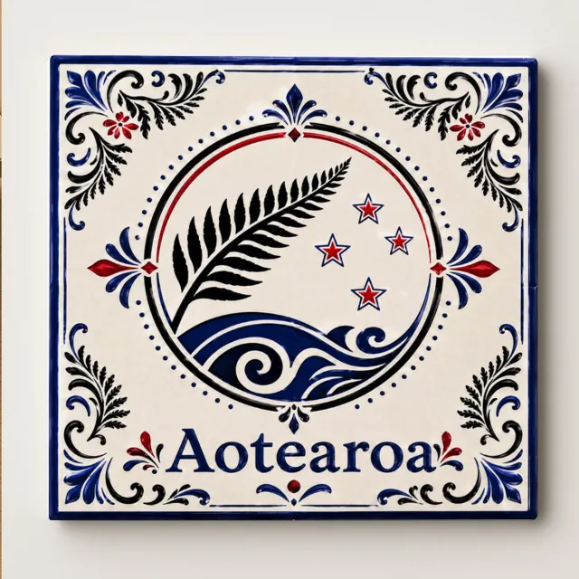 Bedruk King Nieuw-Zeeland Aotearoa Decoratieve Keramische Tegel – Zilveren Varen Wandtegel – Blauw Wit Rood Heritage Souvenir Cadeau