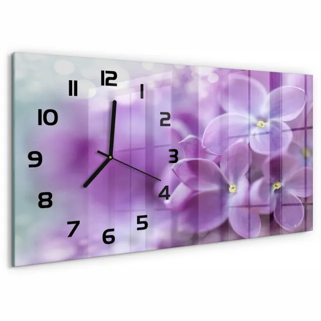 TULUP Wandklok - Paarse bloemen Klok Glas Met Opdruk - 60x30 cm - Paars Moderne Wandklok Glas - Zwarte handen - Rechthoekige Klok - Decoratieve Glazen Klok - Glazen Wandklok Design
