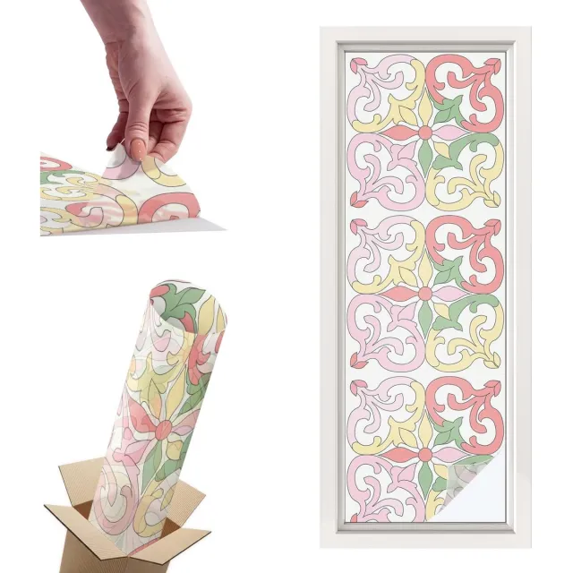 TULUP Raamfolie Anti inkijk - Bloemornamenten Privacy Folie Raam - 50x146 cm - Rood Anti inkijk Folie - Raamfolie Tegen inkijk Glas in Lood - Voor de slaapkamer, badkamer en woonkamer. - Raamfolie Zonwering