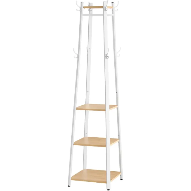 Vasagle Kapstok - Kapstok Hout - Kapstok met 4 Planken - 8 Dubbele Haken - Kledingstang - Metalen Frame eiken-wit
