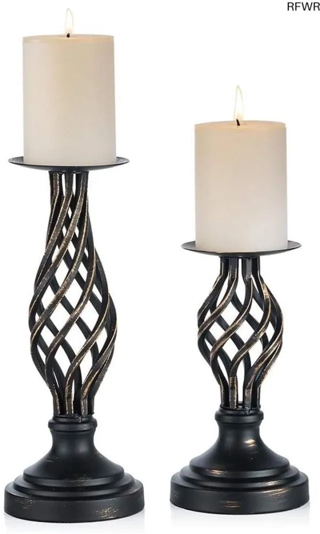 RFWR Vintage Zwarte Pijler Kaarshouders - Metalen Kandelaar Sets voor Decoratie Matte Black with Gold Strokes