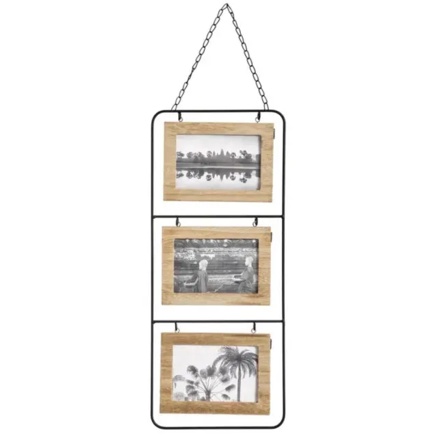 Atmosphera Collage fotolijst Nomad - 3x foto - voor 10 x 15 cm foto - hout en metaal - beige/zwart - 22 x 52 cm - lijstje - muur