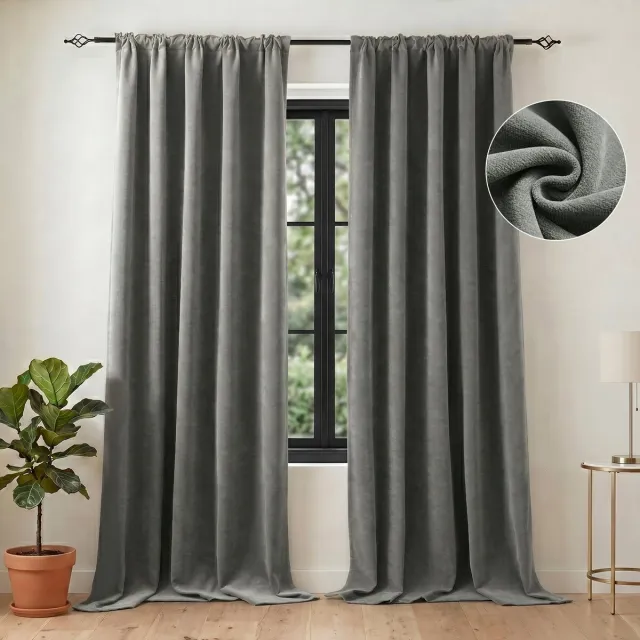 Qelus UltraZware Chenille Verduisterende Gordijn (2-panelen kant-en-klaar set) - 132x214cm - Thermisch Isolerend - Dubbelzijdige 510GSM Stof – 98% lichtdicht - 6-in-1 header- voor Slaapkamer & Woonkamer - Grijs