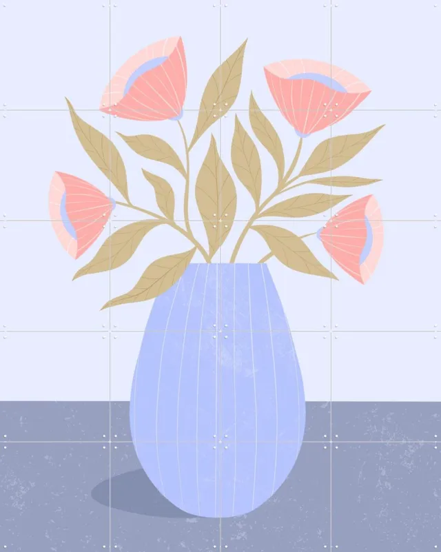 IXXI Peach Flowers in Blue Vase, Melissa Donne & Various - 80 x 100 cm - Grote wanddecoratie en posters - Illustraties, Grafisch Ontwerp, Woonkamer Blauw / Pastel kleuren