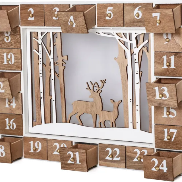 Brubaker Herbruikbare Houten Adventskalender Zelf te vullen - Wit winterlandschap met LED-verlichting - Doe-het-zelf-kalender 35,5 x 6 x 27 cm