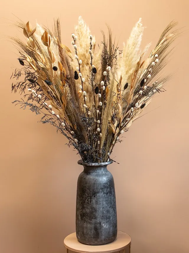 Roselin Deco Droogbloemen boeket Romy – Luxe pluimboeket met pampas pluimen – Stijlvol droogboeket van 80 cm hoog zwart