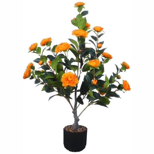 Happiq Camellia kunstplant (100 cm) - Voor thuis of kantoor decoratie - Realistisch, bloeiende boom met 28 bloemen, met planter - Kunstmatig - Oranje Flower