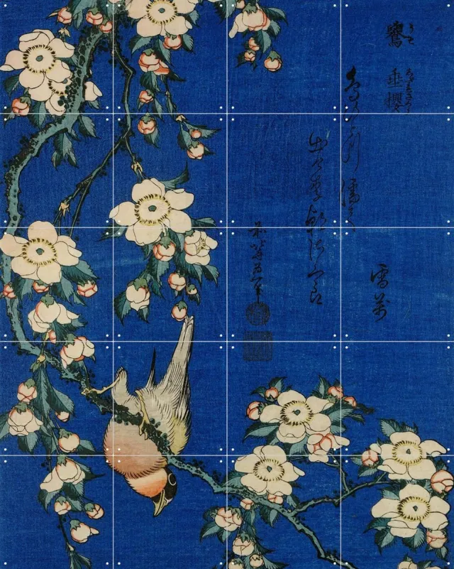 IXXI Birds Flowers Bullfinch, Katsushika Hokusai & British Museum - 80 x 100 cm - Grote wanddecoratie en posters - Ukiyo-e, Klassiek, Kleurrijk Blauw