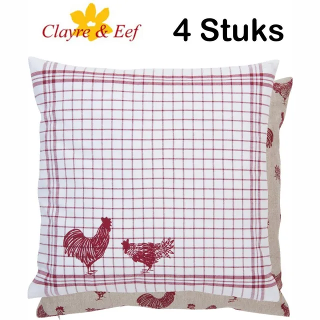 Clayre & Eef Kussenhoes - 40 x 40 cm - Landelijk - geruit - Kippen & Hanen - Country Side Chicken - 4 Stuks Rood