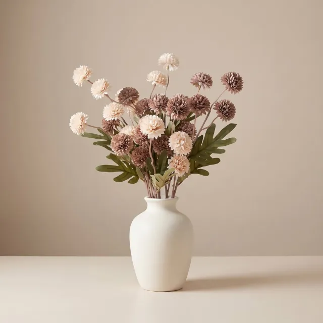 RENALUX Kunstbloemen Boeket - Zijden Bloemen Boeket - Bolvormig - 10 Stelen - Taupe en Creme