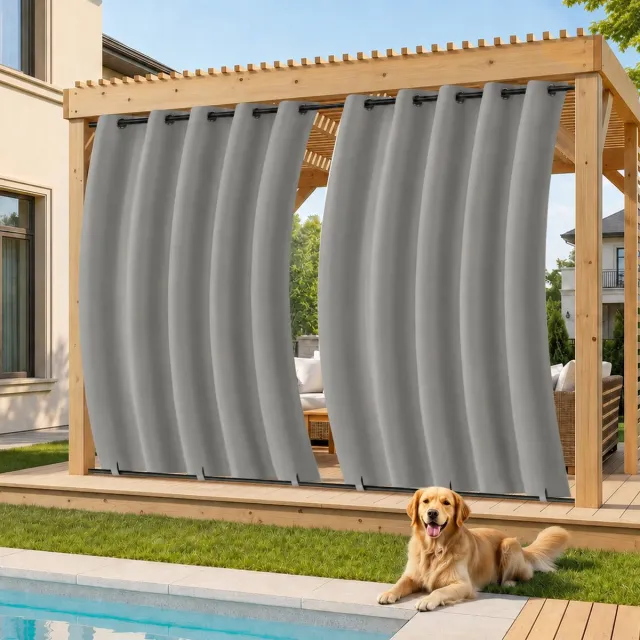 MUPOO Buitengordijn Waterdicht & Windbestendig met Ringen - Met Onder Bevestiging tegen Wind - Verduisterend & UV Werend - Outdoor Gordijnen voor Overkapping, Balkon & Tuin - 132x213 cm -Lichtgrijs - 1 Stuk (Rideau Extérieur Imperméable) Lichtgrijs-1 stuck