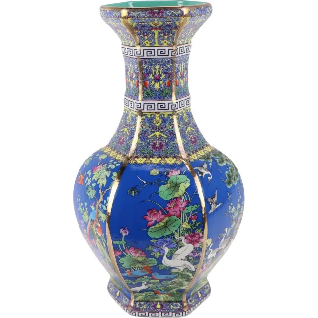 Fine Asianliving Chinese Vaas Bloemen Vogels Blauw D19xH32cm