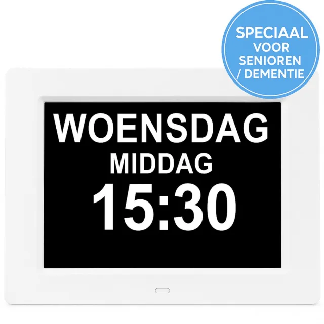 Nifkos Dementieklok met XL beeldscherm - Digitale Kalenderklok met datum, dag en tijd - Alzheimer Klok - Seniorenklok - Wit