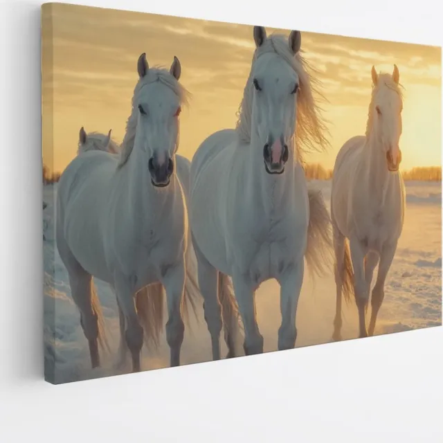 Saammp Canvas Schilderij - paarden in de sneeuw met zonsopgang - Dieren - Natuur - 40x30 - Foto op canvas - Wanddecoratie - muurdecoratie Woonkamer - Slaapkamer decoratie - Canvas Print Multicolor