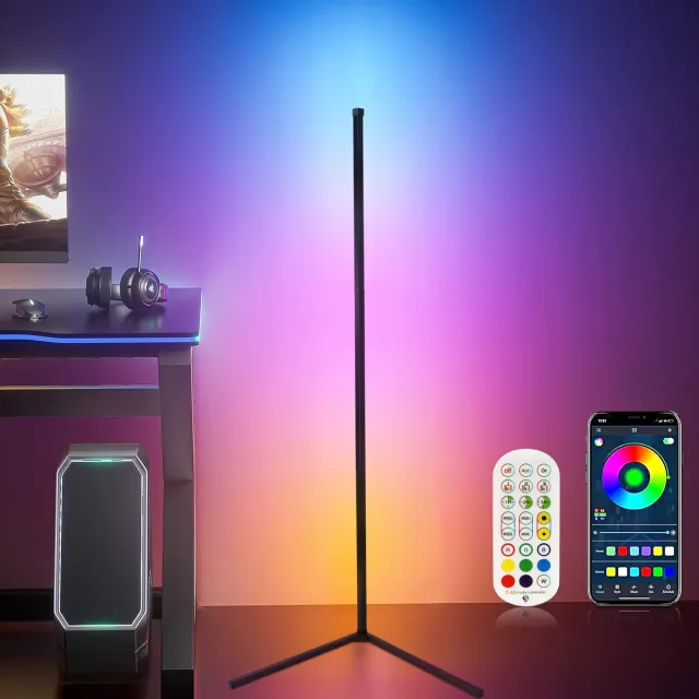LotaHome LED Vloerlamp - Slimme LED Staande Vloerlamp - Dimbaar - met App en Afstandsbediening - Sfeervolle Verlichting - Staande Lamp - Gaming Lamp - Reageert op Muziek - RGB - Met Bluetooth & Wifi - Hoeklamp - Spraakbesturing Zwart