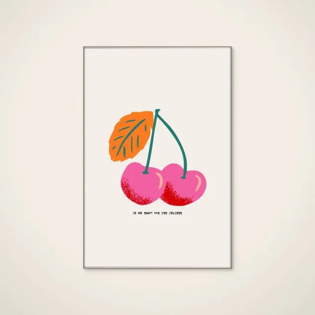 HelloWalls Akoestisch schilderij - 60 x 90 cm - Pink Cherries Illustration van Annick - Abstracte wanddecoratie - zilver textielframe Meerkleurig