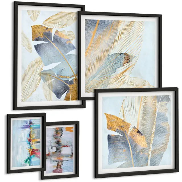 Coloray 5-Delige Schilderij Set - Plantmotieven Met Moderne Artistieke Accenten - 50 x 50 cm, 20 x 30 cm En 40 x 60 cm - Wanddecoratie - Muurdecoratie - Moderne Interieurdecoratie - Stijlvolle Muurdecoratie Zwarte lijst