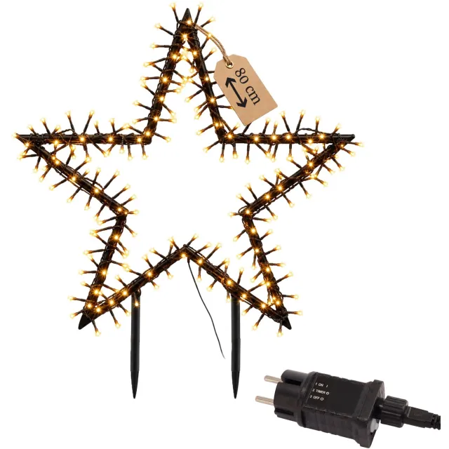 Meisterhome LED Kerstster 80 cm – 200 LEDs – Extra Warm Wit – Kerstverlichting Buiten – Met Grondspies, Timer & Dimmer – IP44 – Kerstdecoratie Tuin Zwart
