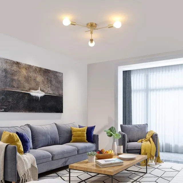 Haobosic E27 Vintage Sputnik Kroonluchter, 3-lichts industriële plafondlamp met 180 graden rotatie, gouden metalen plafondlampen voor woonkamer, keuken, eetkamer, slaapkamer Golden