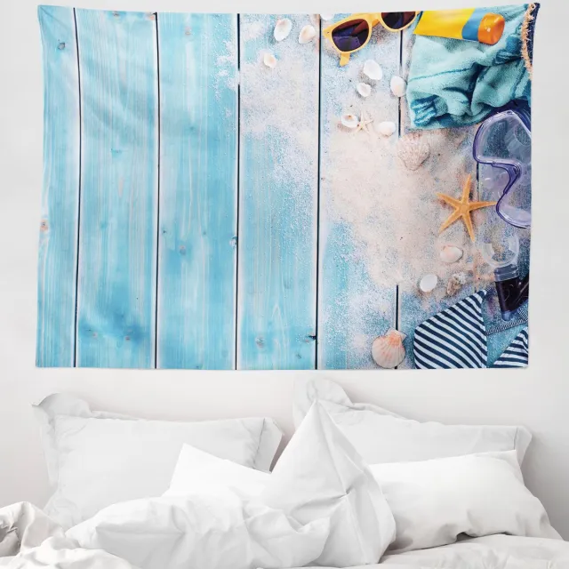 ABAKUHAUS maritiem wandtapijt, fotoprint met strandthema, 150 x 110 cm, hemelsblauw en veelkleurig